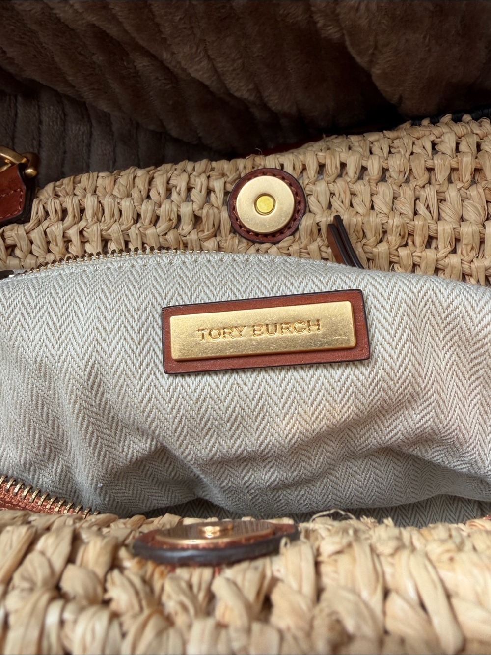 Tory Burch Natural Straw Tote with Gold Hardware and Brown Trim